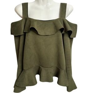 Pink Poem | Dark Green Ruffle Cold Shoulder Flutter Sleeve Top Large